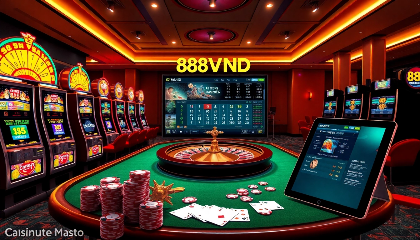 Experience the thrill of 888VND with vibrant casino elements and engaging gaming visuals.