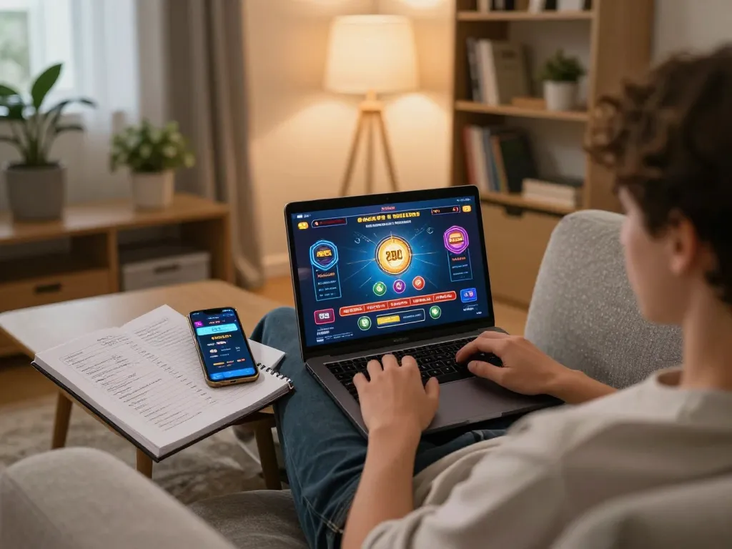 Engaged player using ABC999 app on laptop at home, showcasing exciting online gaming experience