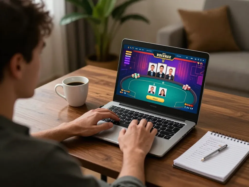 Engaging in online poker on QQ88 with strategic notes and warm home ambiance.