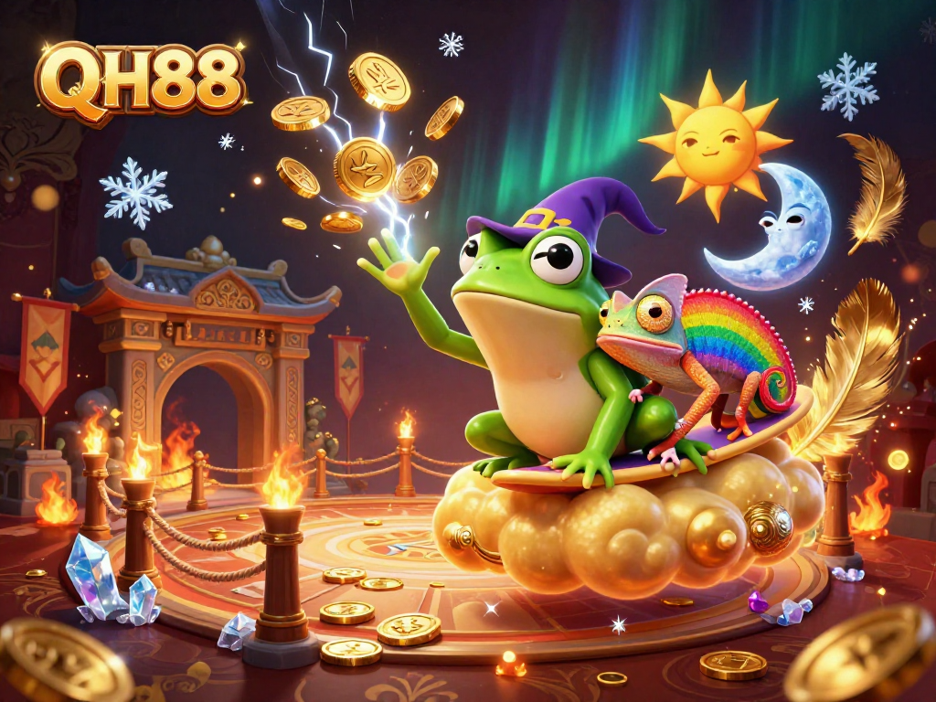 Experience the excitement of QH88 in a vibrant casino-themed digital illustration with dynamic characters.