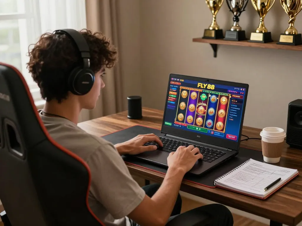 Engaging online gaming session with FLY 88 casino interface on laptop, showcasing responsible gambling.