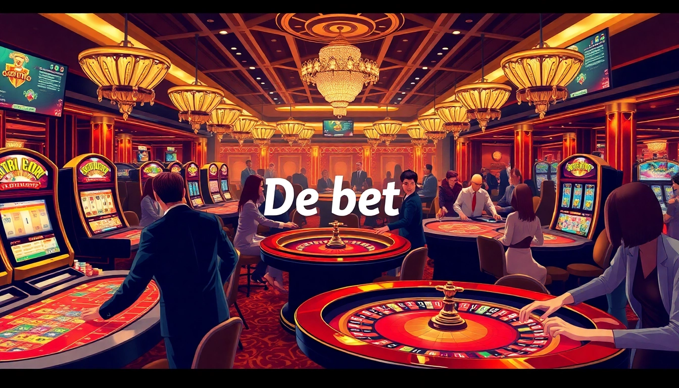 A lively casino scene with players engaged in games related to De bet, showcasing vibrant tables and betting excitement.