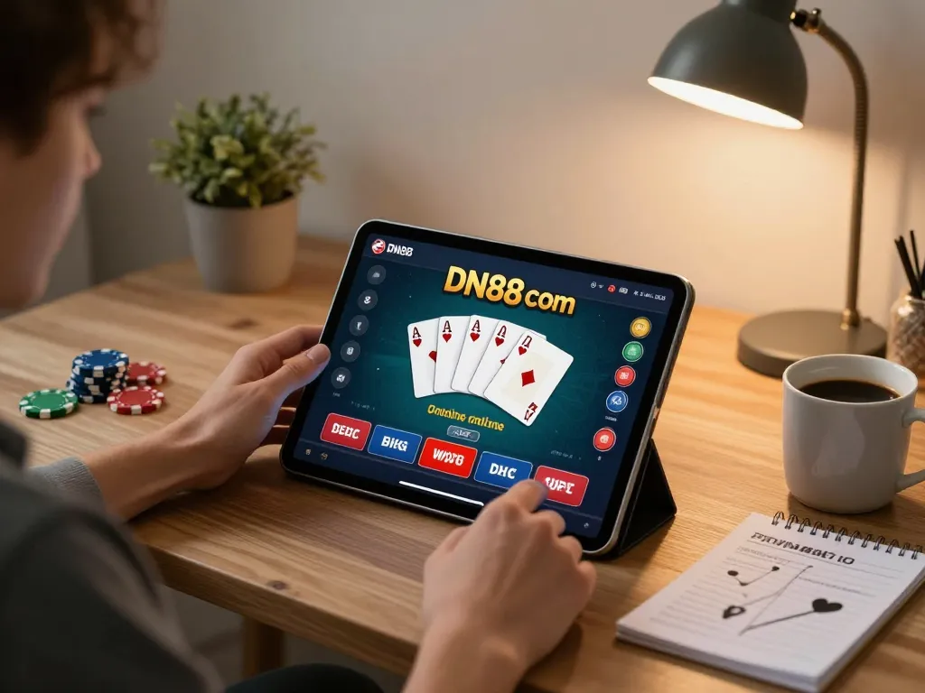 Using DN88 com for online poker strategy at home with tablet and betting notes.
