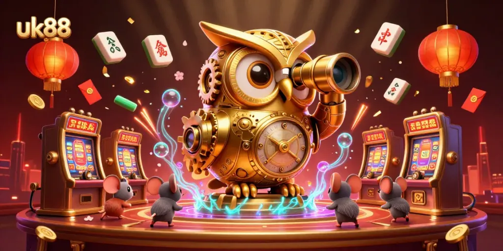 Engage in exciting games at uk88, featuring a golden owl and dynamic casino elements.
