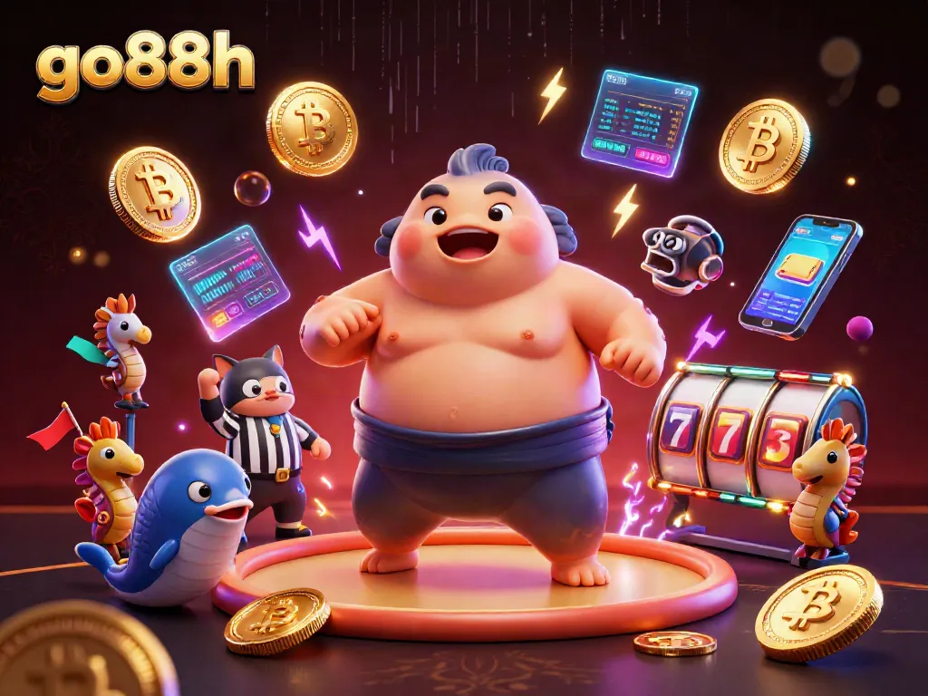 Engage with go88h in this vibrant casino scene featuring a blowfish in an underwater ring surrounded by crypto elements.