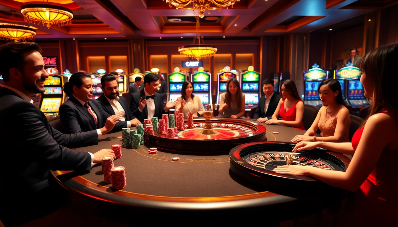 Experience the excitement of NHÀ CÁI NOHU90 with a lively poker game and vibrant casino atmosphere.