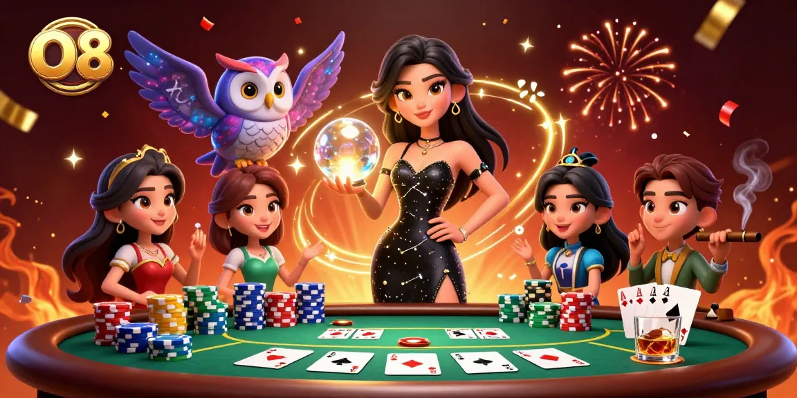 Experience the excitement of O8 poker with enchanting characters and celebratory casino elements.