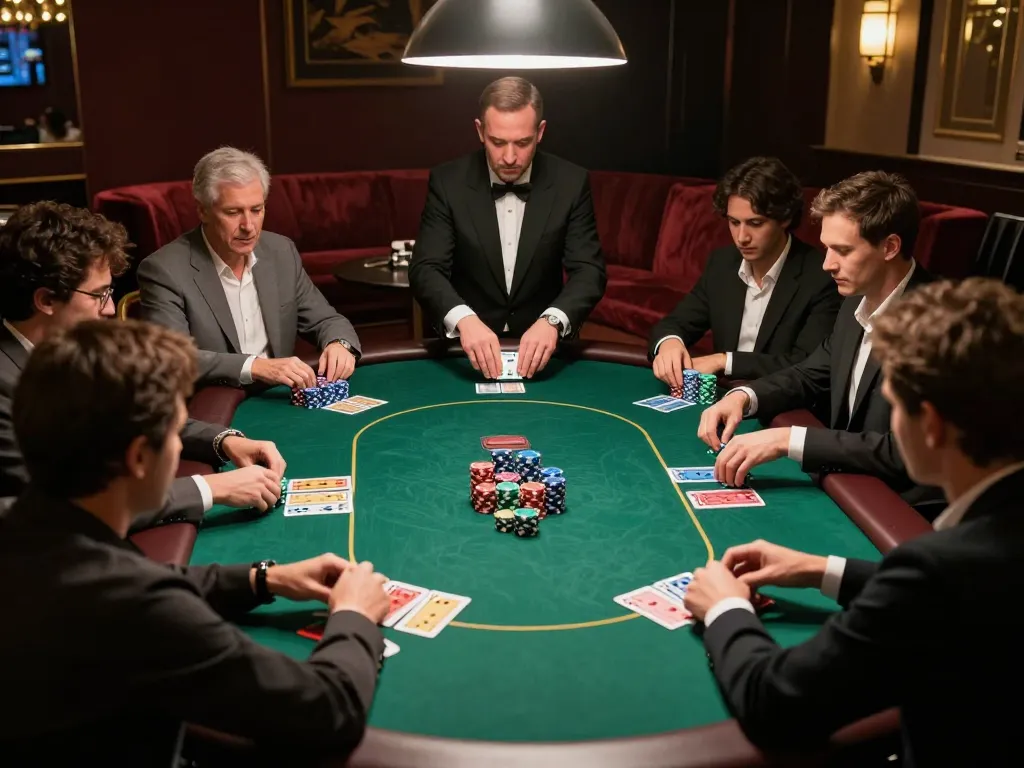 Engaged players strategizing in a high-stakes poker game at a luxury casino, showcasing gen-e gameplay.