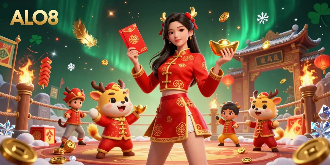Experience the excitement of ALO8 casino with festive characters and gaming elements in a vibrant scene.