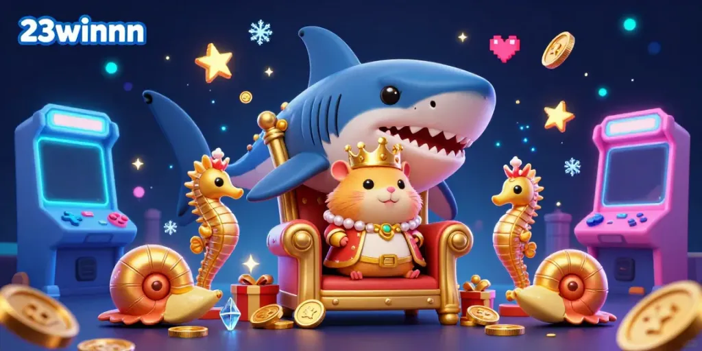 Experience thrilling gameplay at 23winnn with the golden hamster king amidst vibrant casino visuals.