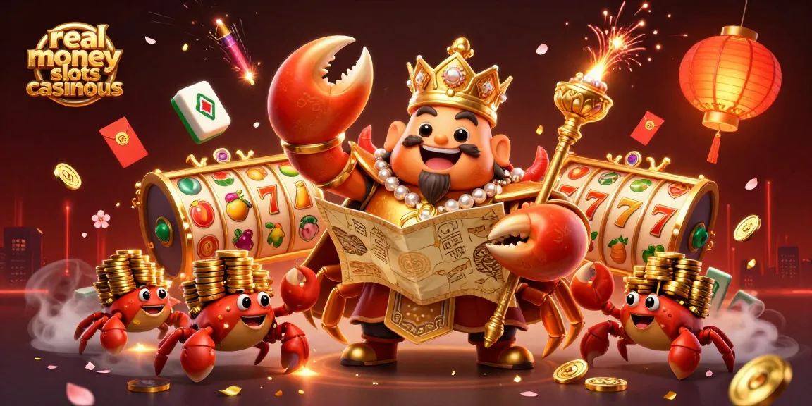 Experience real money slots casinous with a vibrant 3D scene of a golden crab emperor and enchanting game elements.