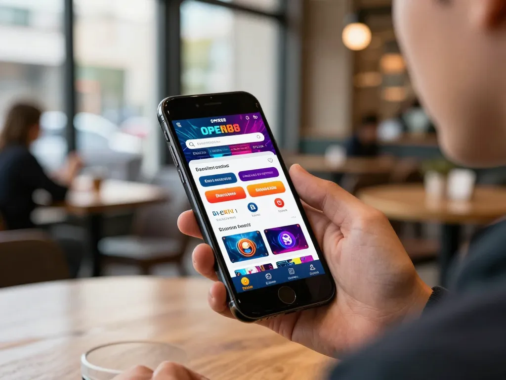 Player exploring open88 homepage on smartphone, betting on live events in a cozy café setting.