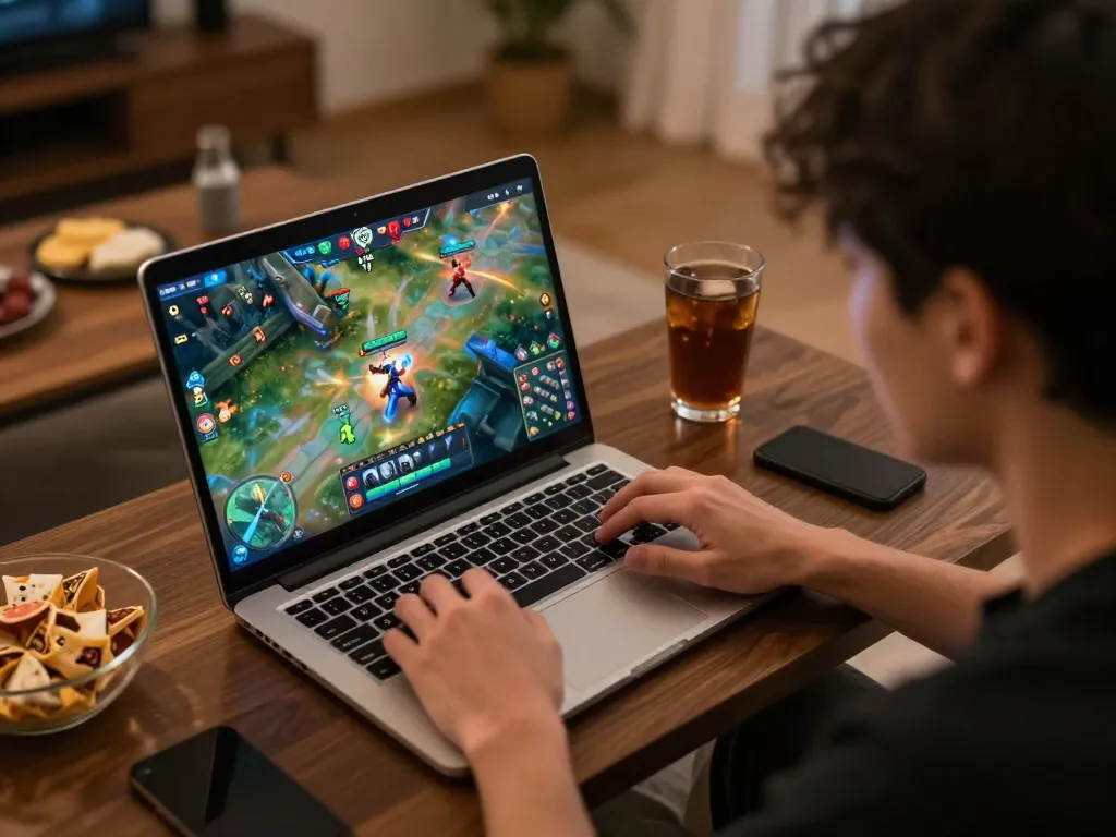 Engaged player enjoying the game TT88 on a laptop in a cozy home setting, complete with snacks and ambient lighting.