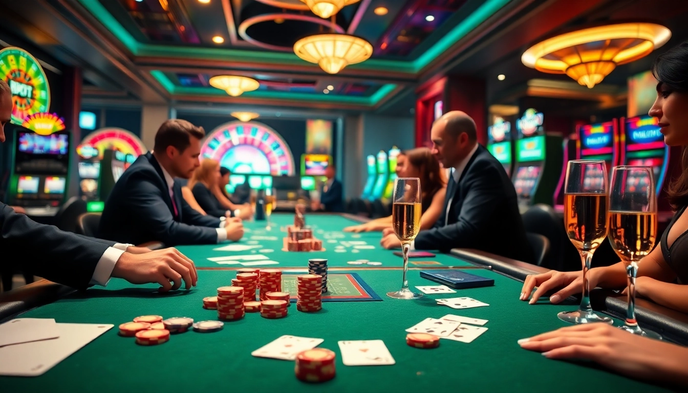 Experience the thrill of gambling at 8KBET with elegant poker tables and vibrant casino lights.