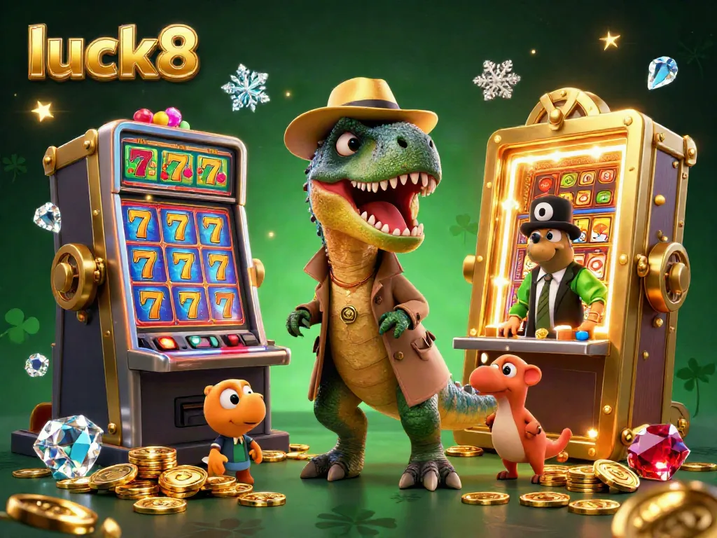 Experience high-stakes gaming at luck8 with cartoon characters in a dynamic slot machine scene, featuring vibrant treasures.