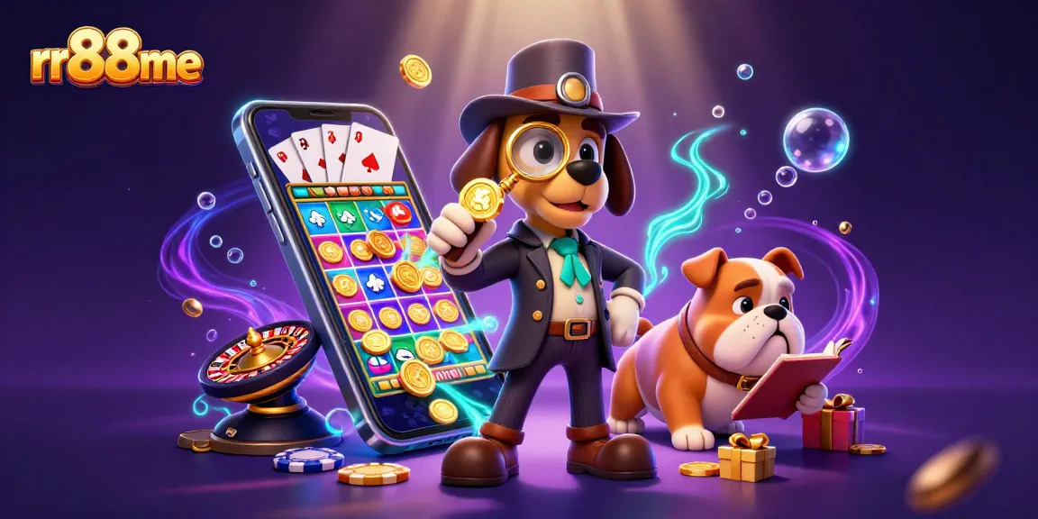 Win big at rr88me with a 3D cartoon detective uncovering poker chip clues amidst vibrant casino elements.
