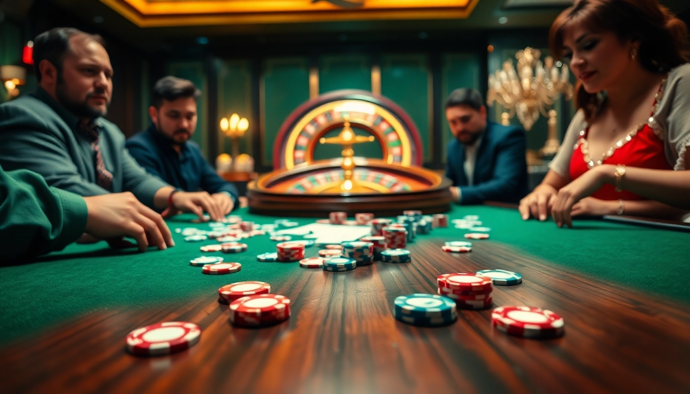 Good88 poker table scene showcasing excitement and engagement in gambling.