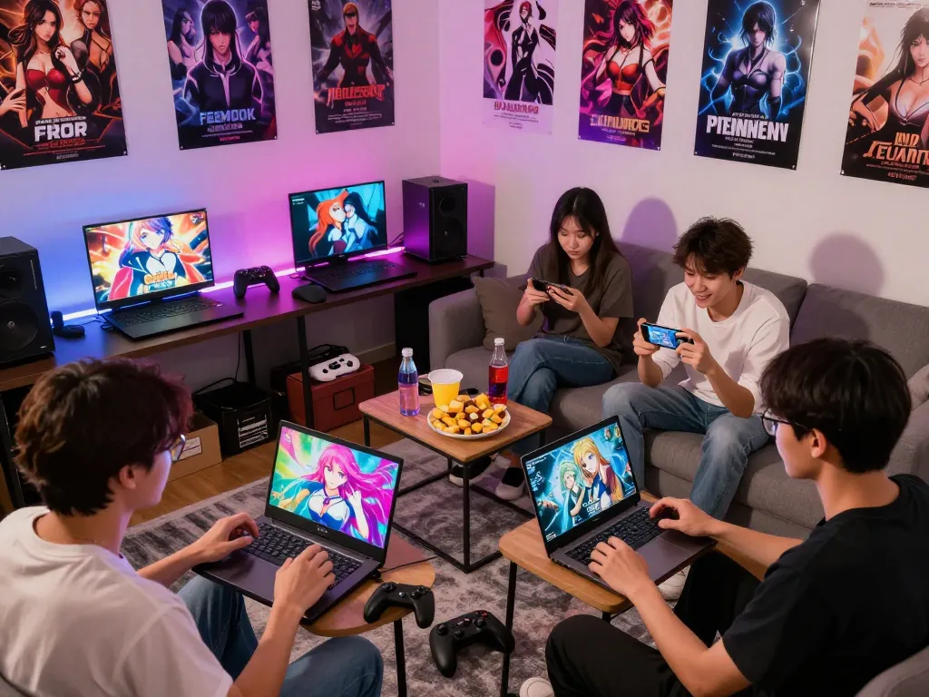 Players enjoying interactive porn games on mobile and PC in a vibrant gaming room.