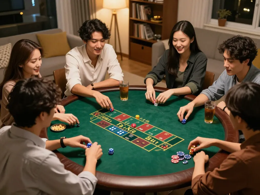 Tài Xỉu dice game in a cozy home setting with friends enjoying their bets.