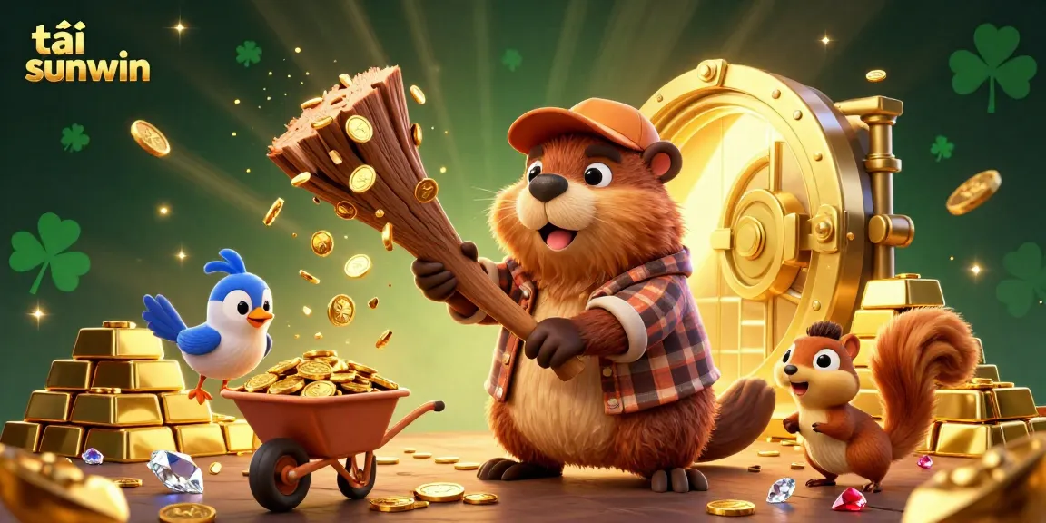 Experience excitement with tải sunwin as a beaver chops a tree raining golden coins in a vibrant casino scene.