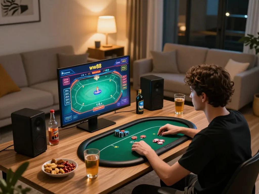 Engaged player enjoying poker on ww88 in a cozy home setup with modern decor.