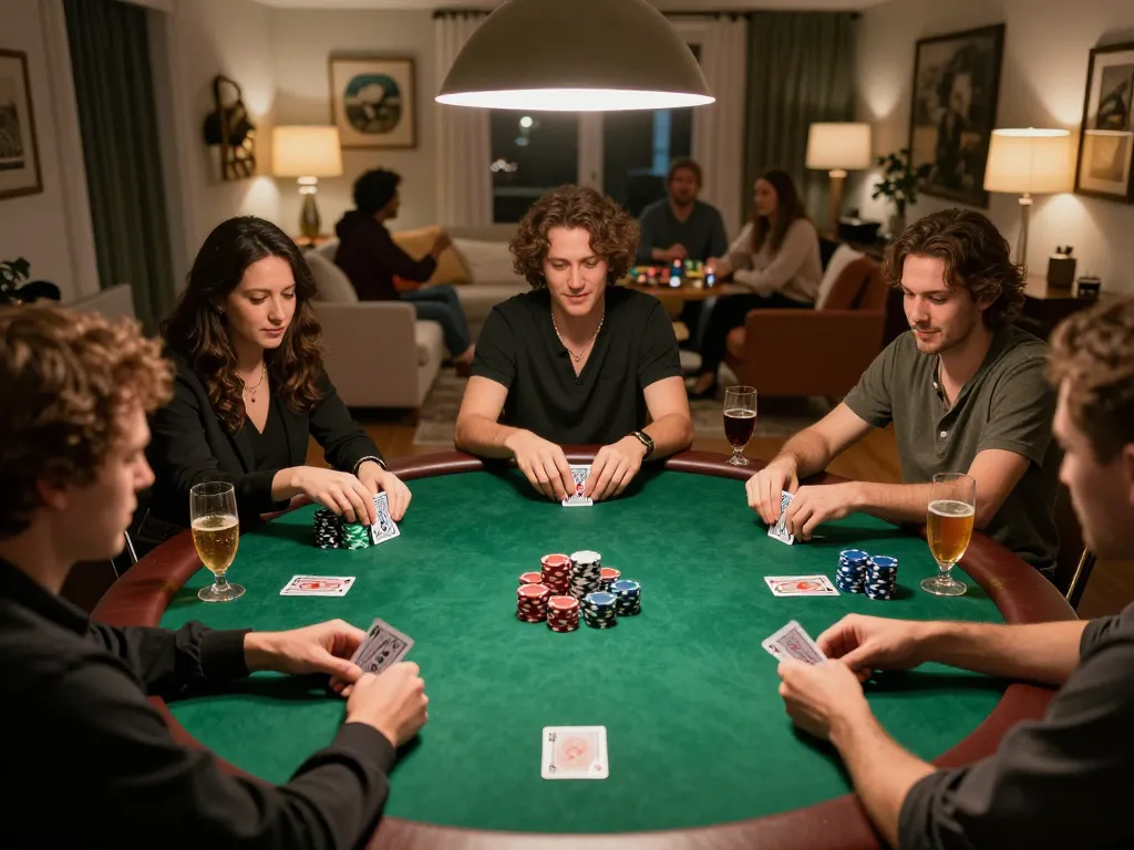 Players at a home poker night engaging in strategies at the table with uu8855 casino gaming.