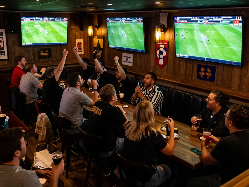 Excited fans celebrating kết quả bóng đá during a live sports betting event in a popular sports bar