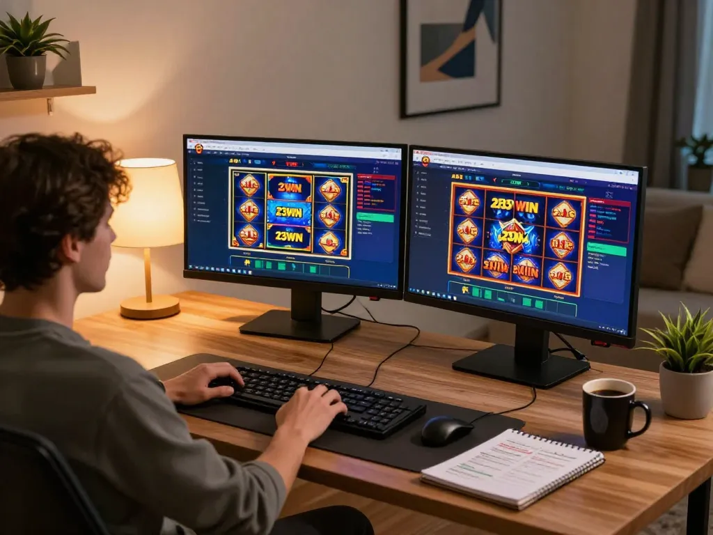 Engaging with the 23WIN online casino while analyzing strategies in a cozy home office.