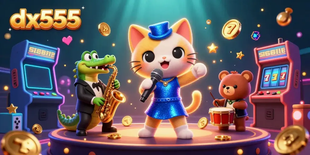 Engage with the vibrant entertainment scene of dx555, featuring lively characters and gaming elements.