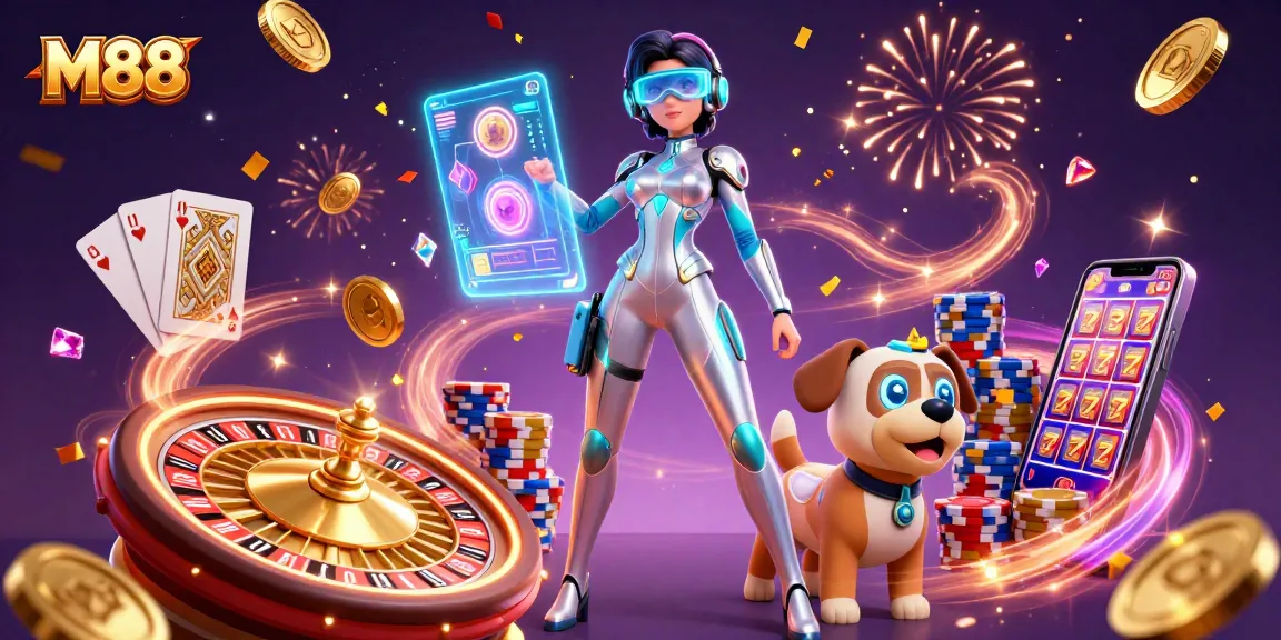 M88 casino's vibrant scene featuring a futuristic woman and robot dog amidst dynamic gambling elements.