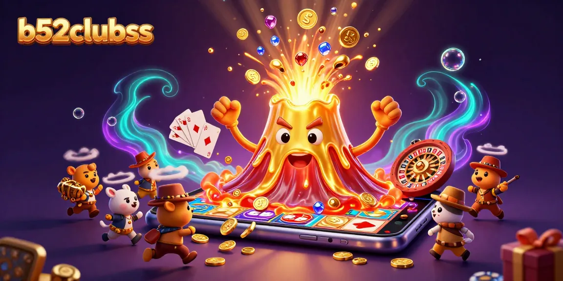 b52clubss enhances excitement with a golden volcano erupting coins amid playful treasure hunters.