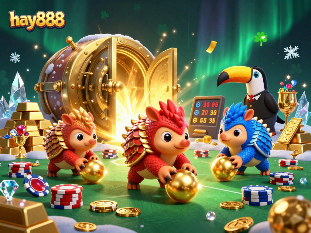Engage with hay888's thrilling gaming experience featuring rival pangolins bowling through poker chips.