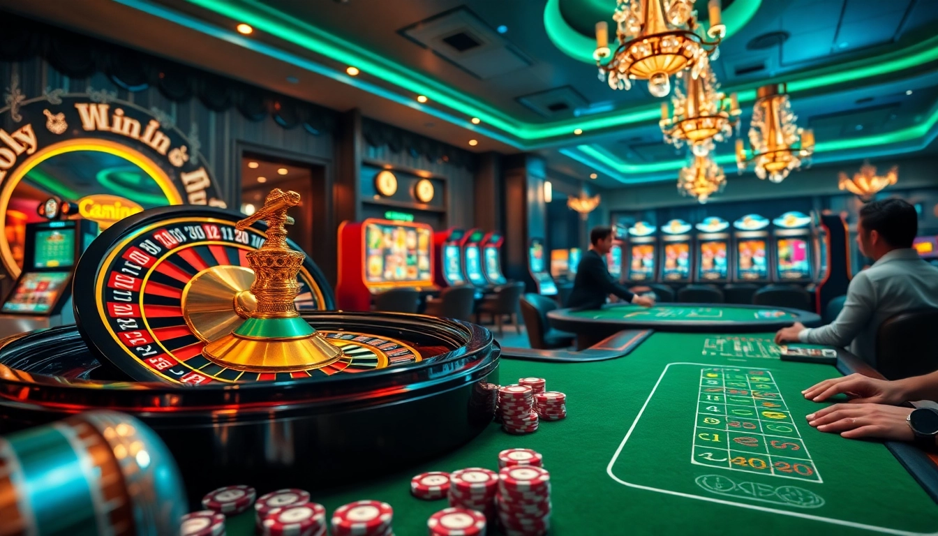 Experience the excitement of LuckyWin casino with vibrant slot machines and roulette action.