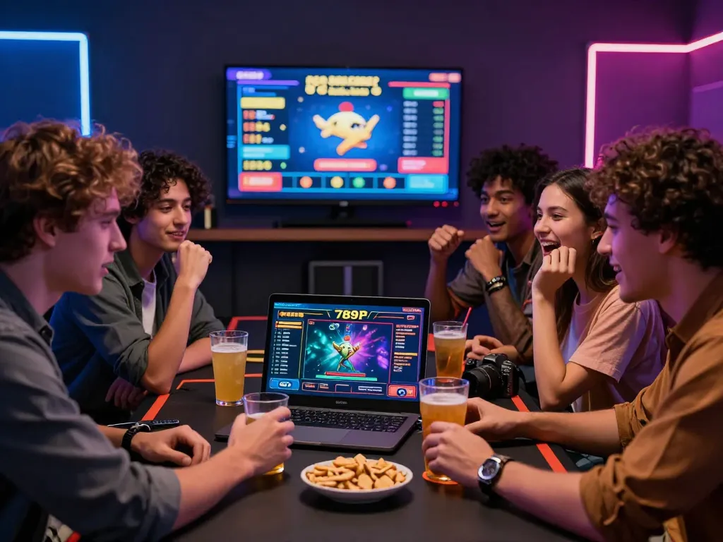 Diverse friends enjoying the online gambling experience at https://789p.gg/ while celebrating with drinks and snacks in a lively atmosphere.