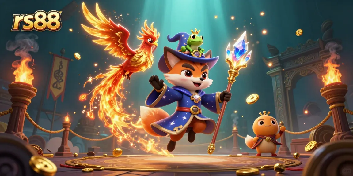 Engage in thrilling gameplay with rs88, featuring a wizard fox and fiery phoenix in a dynamic casino scene.