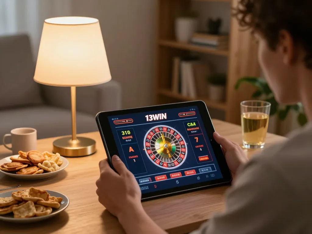 Player engaging with 13WIN roulette on tablet in cozy home atmosphere.