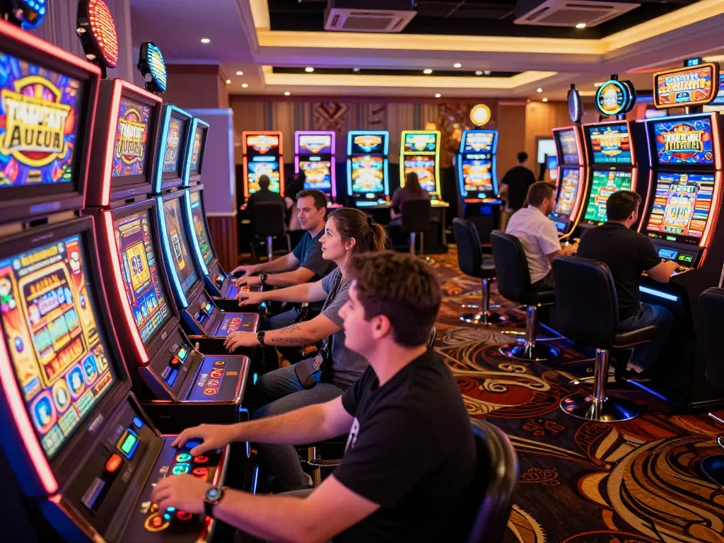 The lively atmosphere of https://c168marketing.com/ showcased through players enjoying slot machines in a vibrant casino setting.