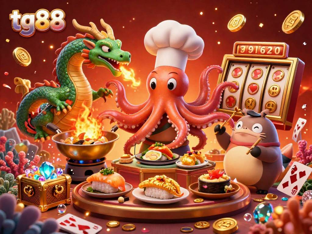 Join the excitement at tg88 as a chef octopus prepares golden dishes amidst casino treasures and festive celebrations.