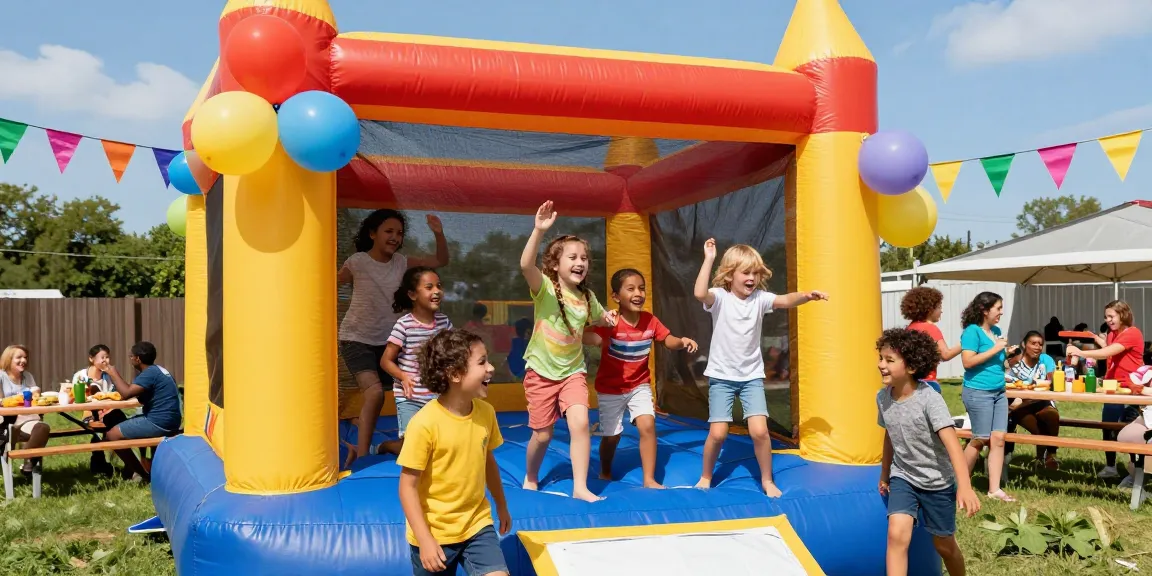 Exciting outdoor bounce house party scene at https://123b.party/ filled with laughter, colorful decorations, and happy guests.