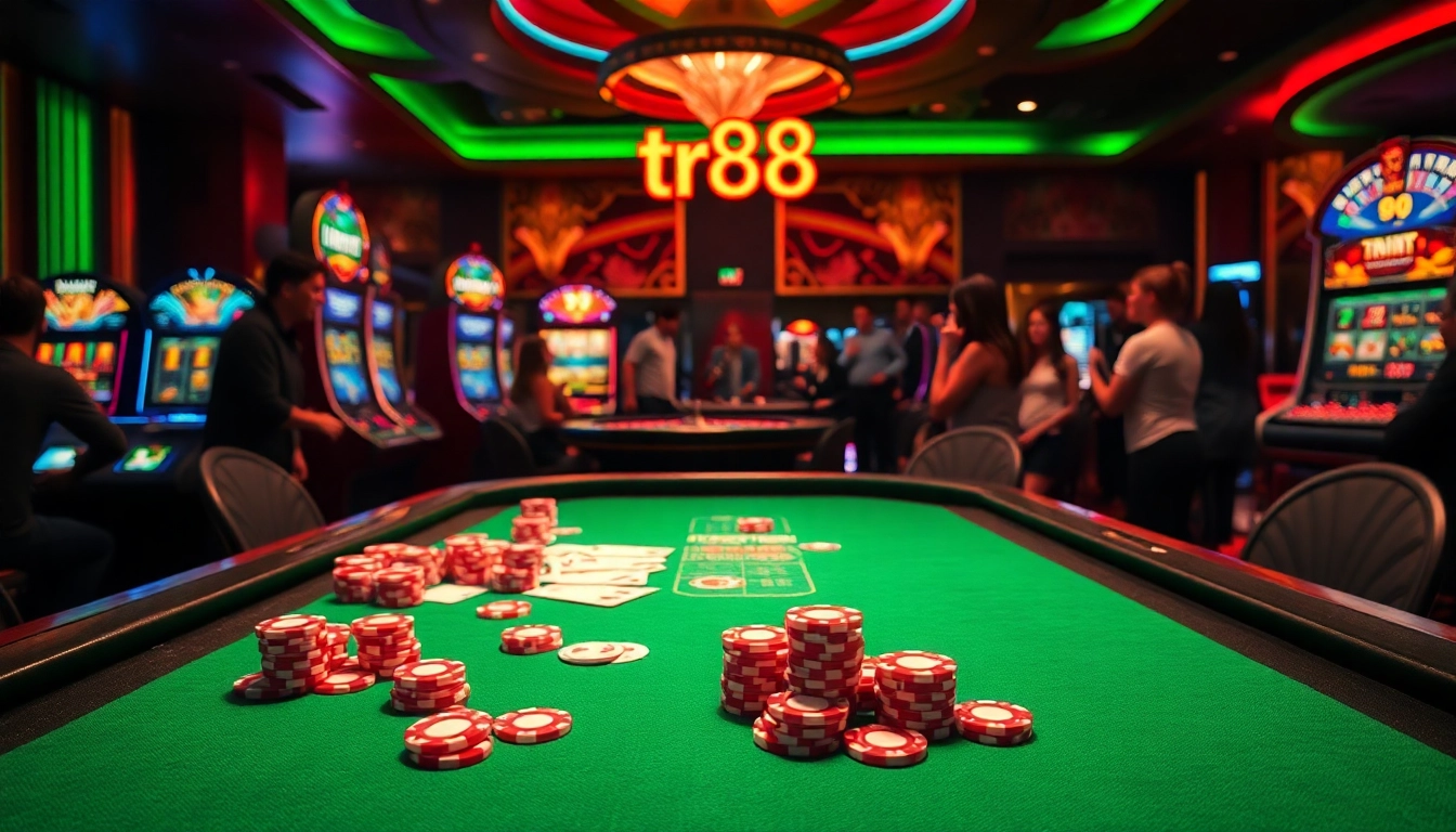 Exciting casino scene featuring high-stakes poker and vibrant gambling activities with tr88 branding visible.