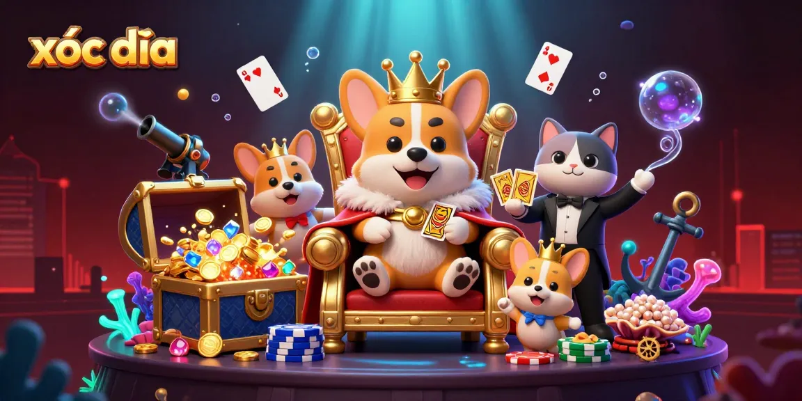 Win at xóc đĩa with a dynamic scene featuring royal corgi characters and casino elements.