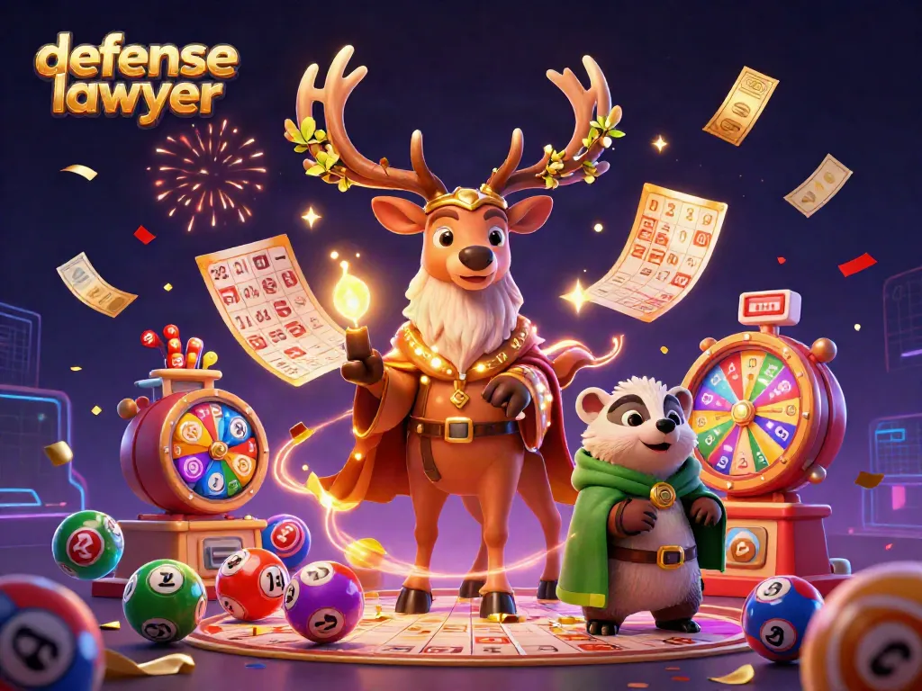Interactive scene showcasing a defense lawyer amidst colorful lottery elements, emphasizing excitement and strategies.