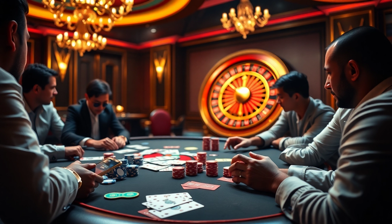 Players at an exciting poker table in a luxurious casino setting, with okfun prominently showcased.