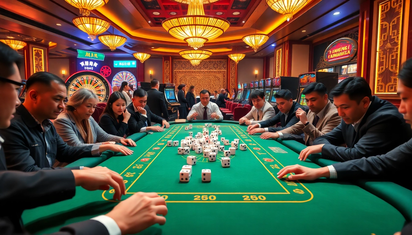 Players engaging at a Tài xỉu MD5 table in a lively casino, emphasizing strategic betting.