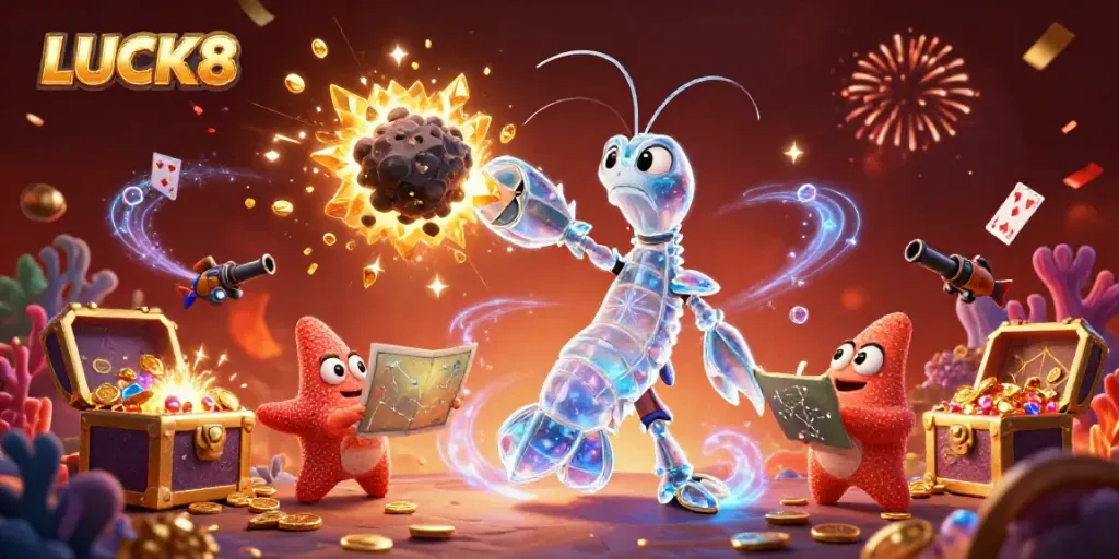 Experience LUCK8 with vibrant 3D gambling action, samurai shrimp conquering asteroids amidst riches.