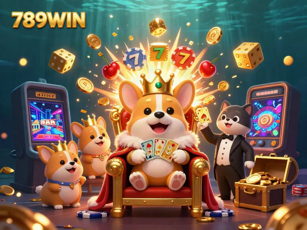 Engage in the vibrant world of 789WIN with a royal corgi on a poker chip throne amidst bursting slot machines and gaming glamour.