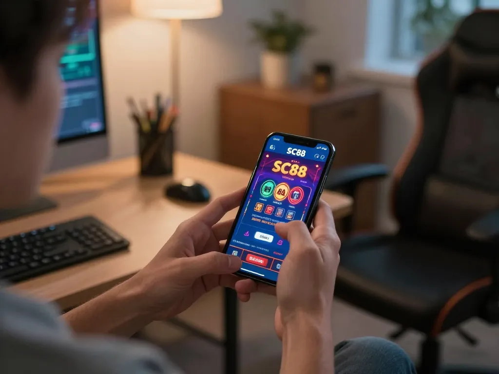 Player enjoying the SC88 casino app on smartphone, highlighting mobile gambling strategy.