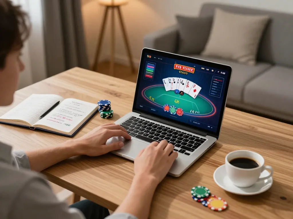 Player enjoying online poker at home with the OK9 casino interface, strategizing for better odds.