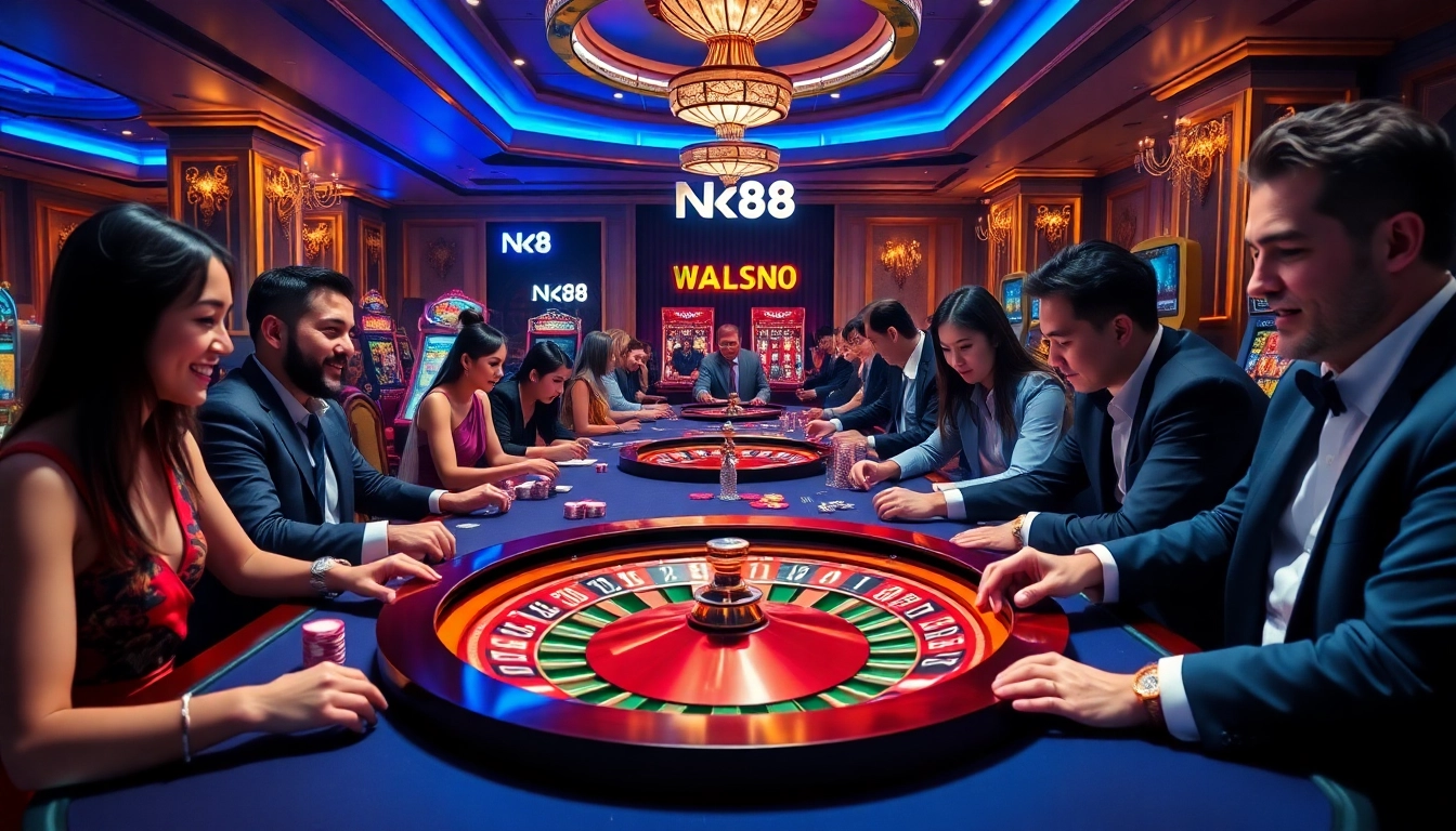 Players enjoying the excitement of nk88 online casino games with poker chips and roulette.