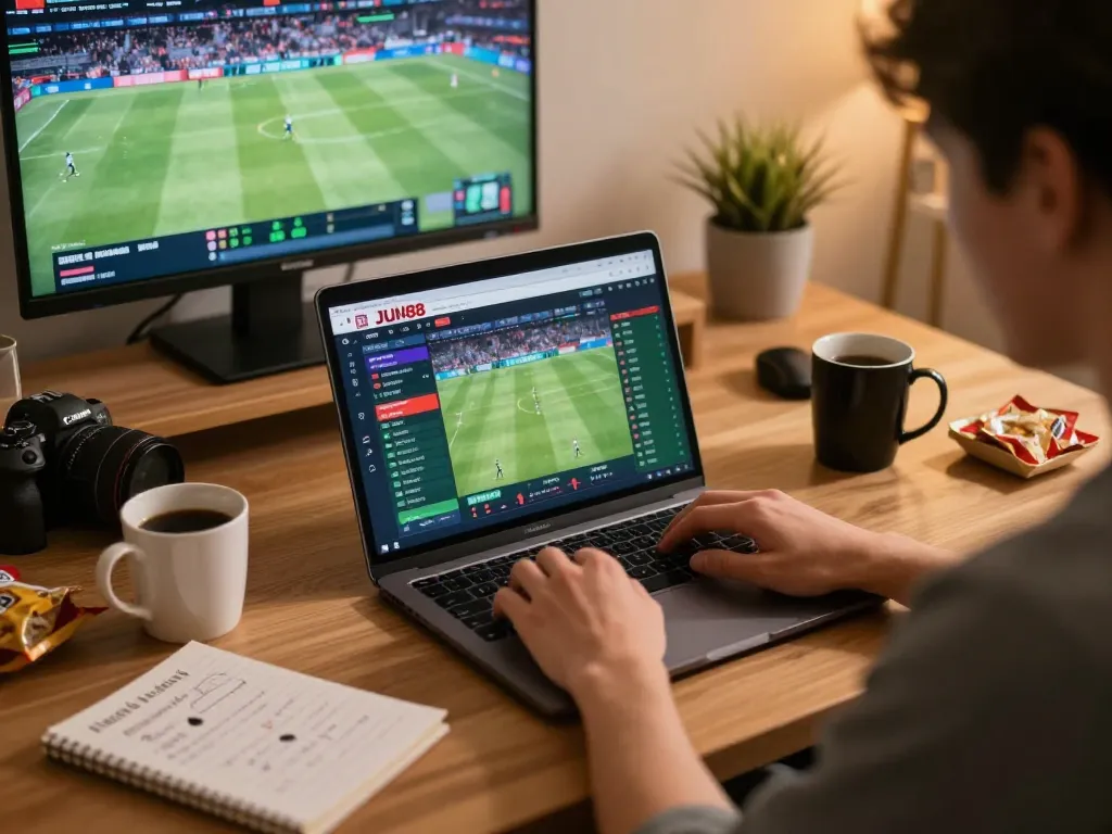 Engaging in online sports betting on JUN88 platform with live odds displayed.
